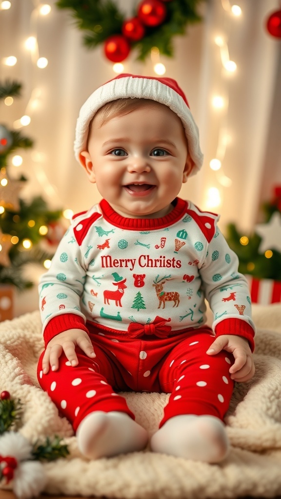 A baby boy in a Christmas outfit with a joyful expression, surrounded by holiday decorations.